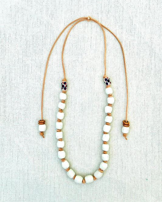 Opaque White Glass Beaded Necklace with hand painted ceramic finishing beads