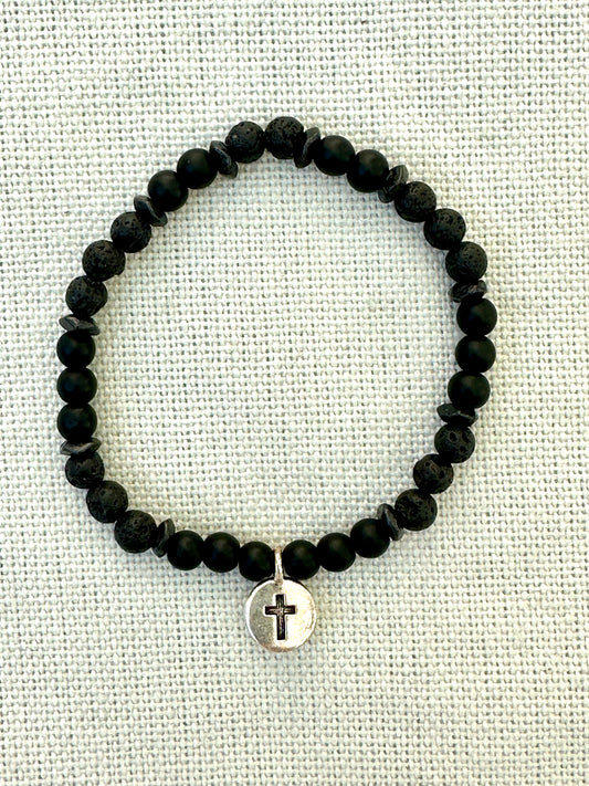 Black Glass and Lava Rock beaded Bracelet with Silver Toned Cross Charm