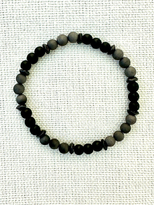 Black Glass and Grey Agate Beaded Bracelet