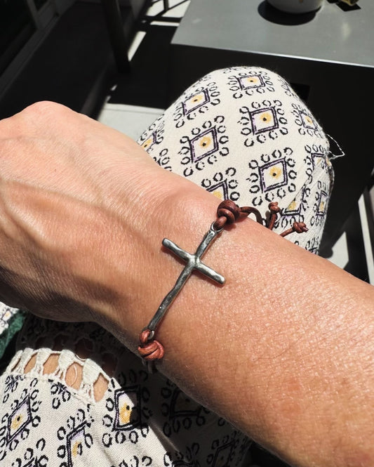 Sterling Silver Cross Pendant Bracelet with Distressed Leather