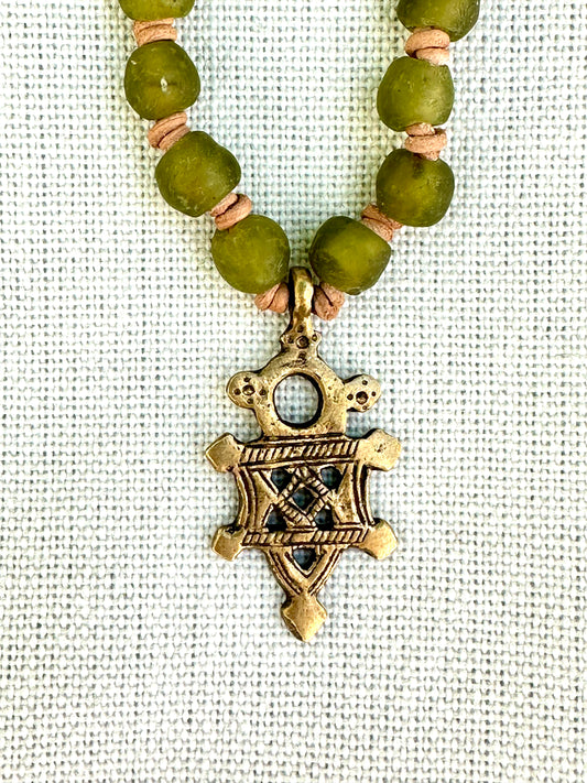 Olive Green Glass Beaded Necklace with Bronze Tuareg Cross Pendant