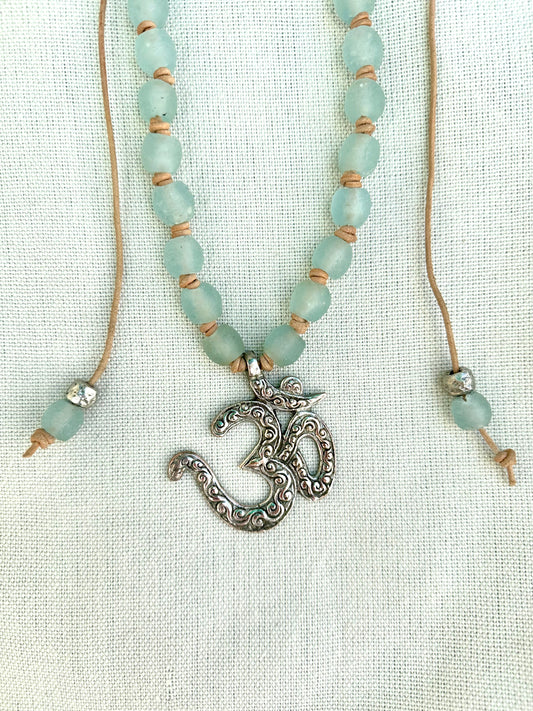 Blue Glass Beaded Necklace with Large OM Pendant