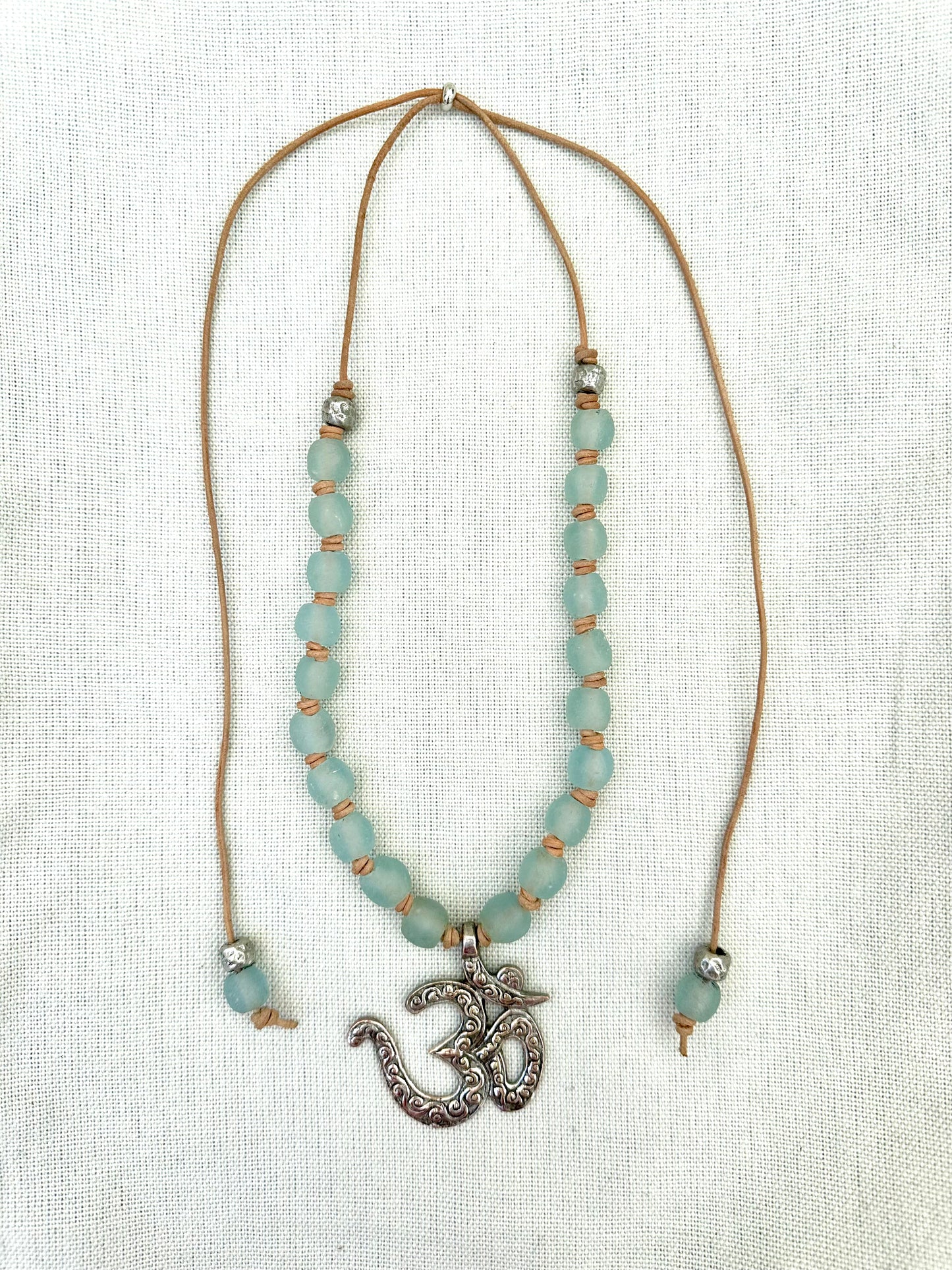 Blue Glass Beaded Necklace with Large OM Pendant