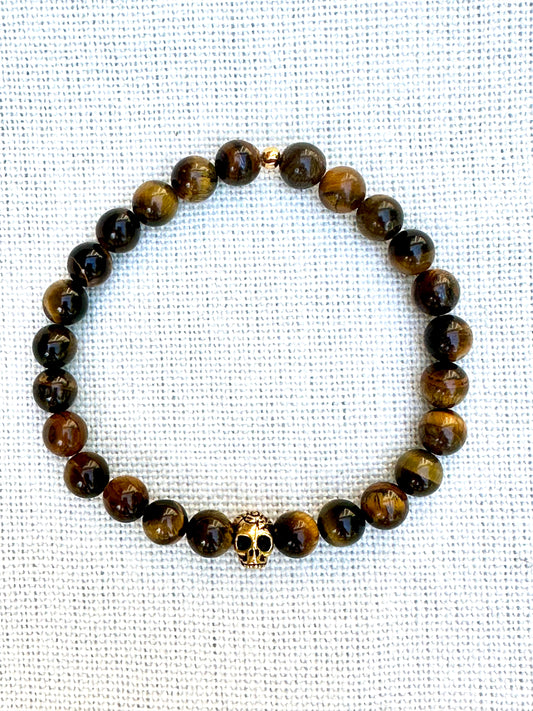 Tiger Eye Bracelet with Gold-Toned Skull Charm