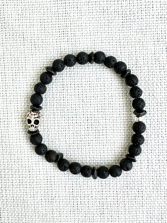 Volcanic Rock Bracelet with Skull Head Charm