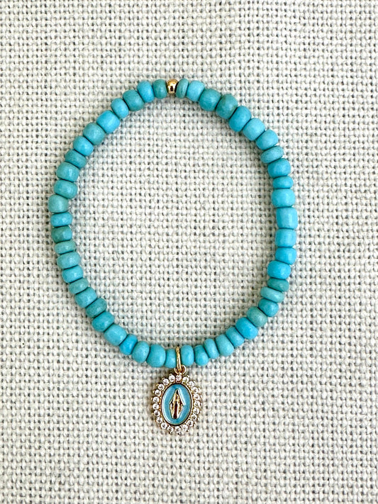 Vintage Turquoise Blue Glass Beaded Bracelet with Blue Virgin Mary Charm