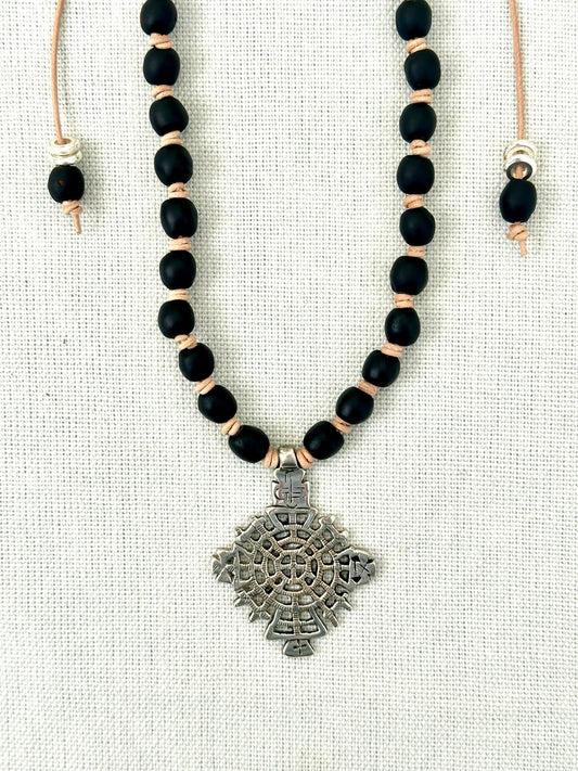 Opaque Black Glass Beaded Necklace with Ethiopian Silver Cross Pendant