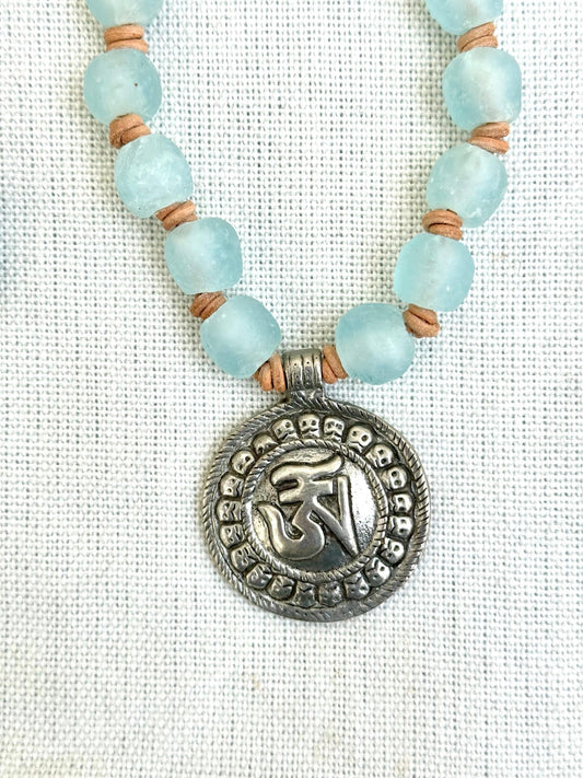 Blue Glass Beaded Necklace with round OM pendant