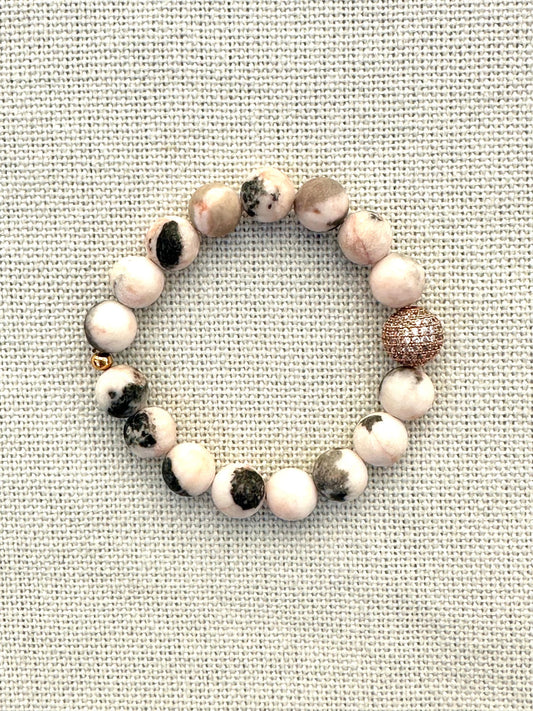 Lovely Pink and Gray Variegated Amazonite Bracelet with Rose Bead Charm