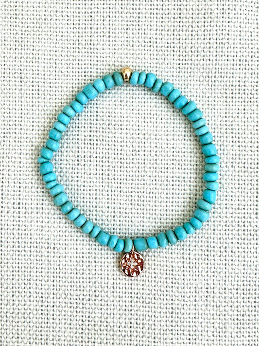 Vintage Turquoise Blue Glass Beaded Bracelet with Rose Gold-Plated Star Charm