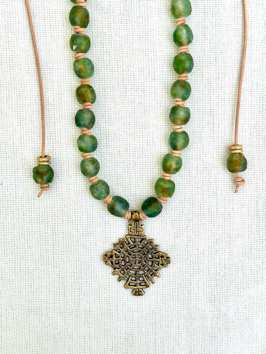 Variegated Blue, Green, Brown Glass Beaded Necklace with Ethiopian Brass Cross Pendant